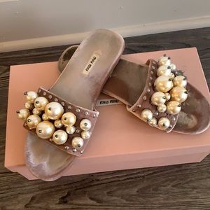 Miu Miu Velvet Pearl Flat Sandals, Light Pink/Blush, Women’s Size 39.5/9.5
